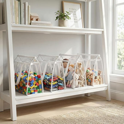 HOLAY 4 Pack Clear Toy Storage Bags with Handle – Playroom Organizer Bins for Kids Toys, Board Games, Busy Bags, and Homeschool Supplies, Transparent PVC Front & Reinforced Base(White, X-Large)