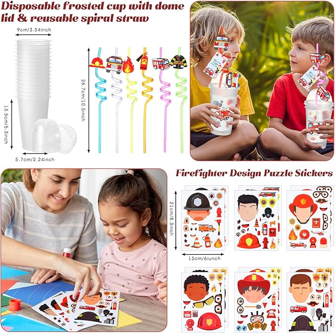 HyDren 211 Pcs Firefighter Party Favors Included Gift Cup Straw Keychain Slap Bracelet Mini Truck Sticker Stamper Card Tattoo Sticker Shovel Sticker Tag Cable Tie For Birthday Gift Prize