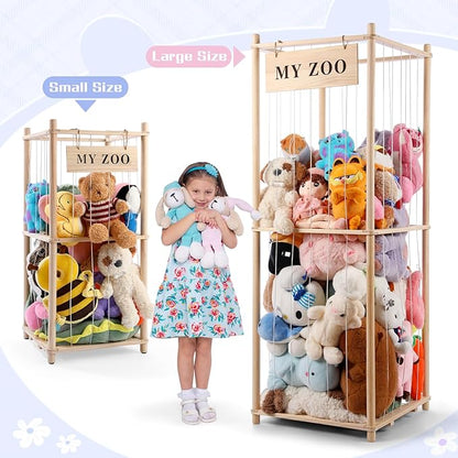 GLDZI Stuffed Animal Storage Zoo, Wooden Stuffed Animal Organizer with Elastic Cords for Boys Girls, Space Saving Toy Plushies Storage Holder for Playroom, Bedroom, Living Room (Burlywood, Large)