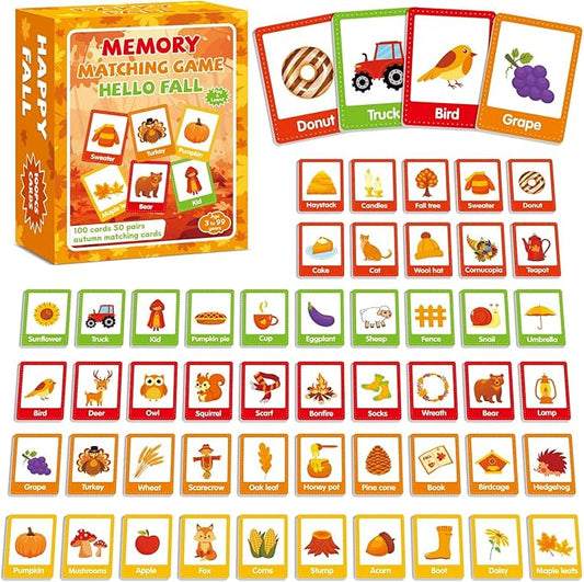 gisgfim 50 Pairs Thanksgiving Memory Matching Game Happy Fall Concentration Memory Games for Kids Educational Ages 3-8 A Fun & Fast Autumn Theme Memory Matching Games