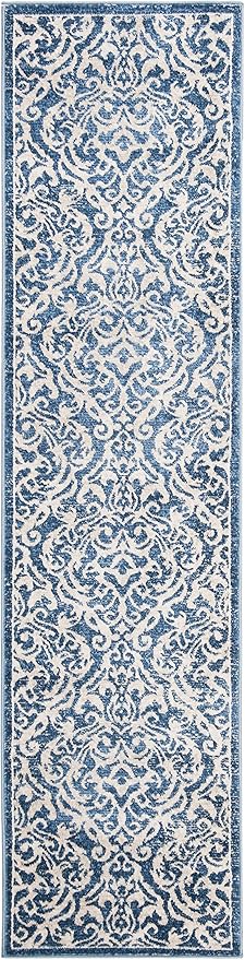 SAFAVIEH Brentwood Collection 2' x 6' Navy / Cream BNT810N Damask Non-Shedding Living Room Entryway Foyer Hallway Bedroom Runner Rug