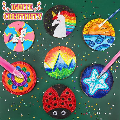 klmars Kids Wooden Painting Kit-Glow in The Dark-Arts & Crafts Gifts for Boys Girls Ages 6-12-Wood Slice Craft Activities Kits - Creative Art Toys for Birthday Party Favors Prizes(20Pcs)