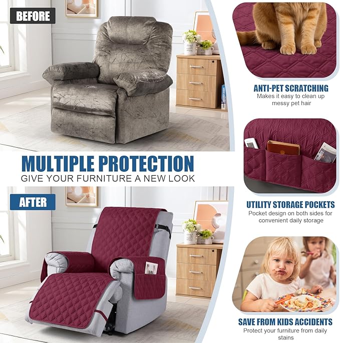 TAOCOCO 100% Waterproof Recliner Covers, Recliner Sofa Covers with Leg Straps, Reversible Recliner Couch Cover for Reclining Chair, Washable Couch Protector for Pets Kids(1 Seater 28", Wine)