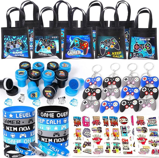 60Pcs Video Game Party Favors Gamer Birthday Party Supplies for Kids Non Woven Bags Silicone Bracelet Stamper Keychain Glow Sticker Game on Gift Goodie Treat Bag Fillers Boy Gaming Party Favors