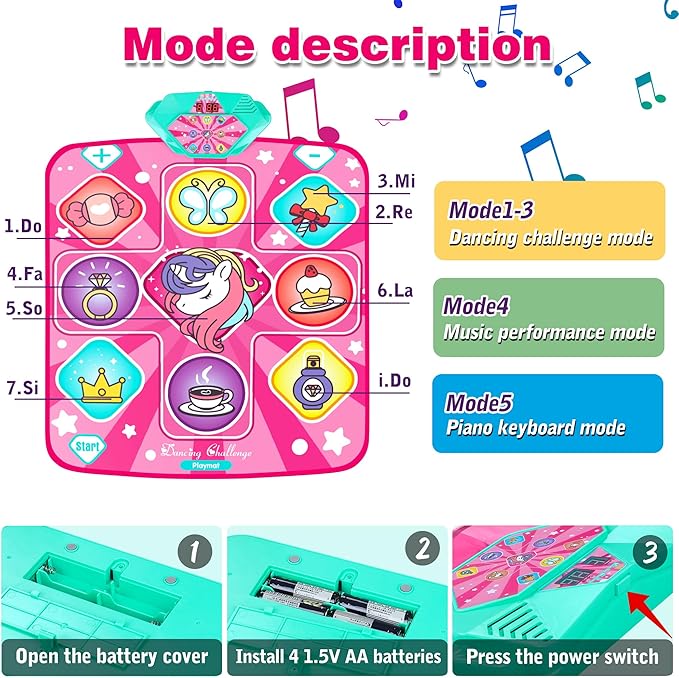 Kusntin Unicorn Dance Mat, Dance Mixer Rhythm Step Play Mat, Pink Dance Pad with LED Lights, Adjustable Volume, Built-in Music, 5 Game Modes, Xmas B-Day Gifts for 3-12 Years Old Girls Toys