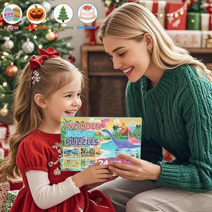 Wooden Puzzles for Kids Ages 4-6, 24 Piece Vehicle Car Construction Jigsaw Puzzles 4 Packs, Preschool Toddlers Learning Activity Puzzles Toys for Boys Girls 3 4 5 6 Years Old (Dinosaurs+Farm+Ocean)