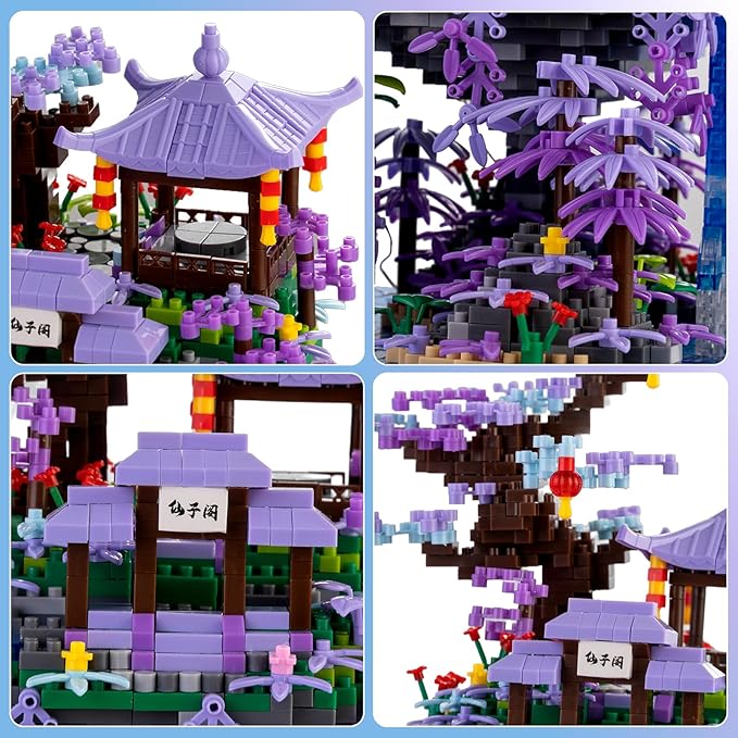 Peach Blossom Pond Japanese Architecture Building Blocks Set for Adults and Kids with Acrylic Display Cover, Micro Mini Bricks Cherry Blossom Tree House Building Kit 2500+PCS
