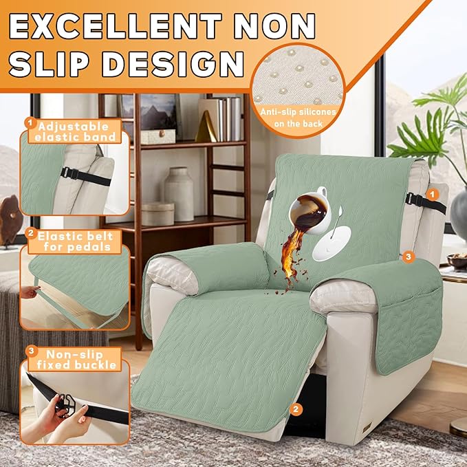 XINEAGE 100% Waterproof Recliner Chair Covers with Elastic Straps, Nonslip Reclining Couch Covers Washable Recliner Couch Cover with Pockets Furniture Protector for Pets Dogs (Mint Green, 23")