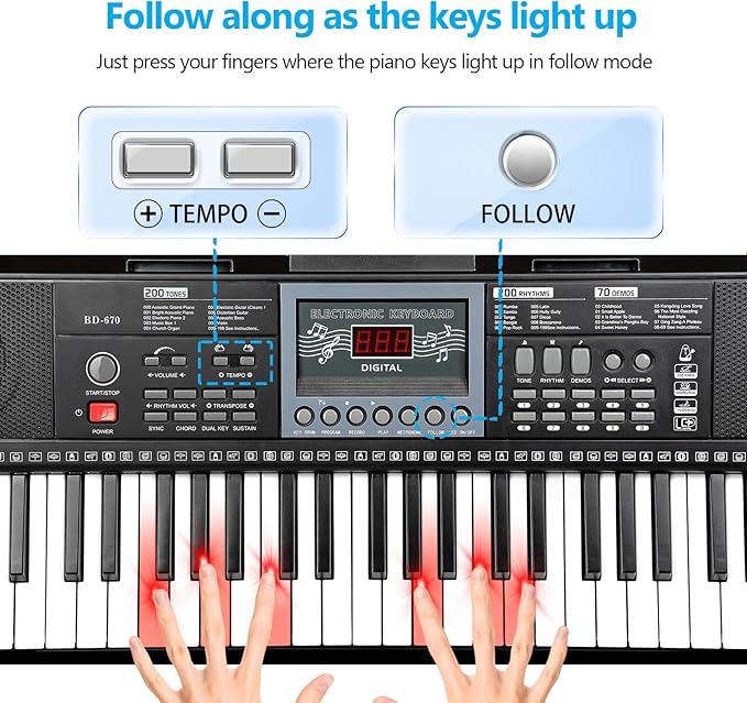 61 Key Keyboard Piano for Beginners w/Stand Bench, Dual Power Mode, Lighted Keys in Follow Mode, 70 Demos, 200 Tones/Rhythms, Pitch Bend Metronome Sustain Sync Chord Dual Key Key Drum Program