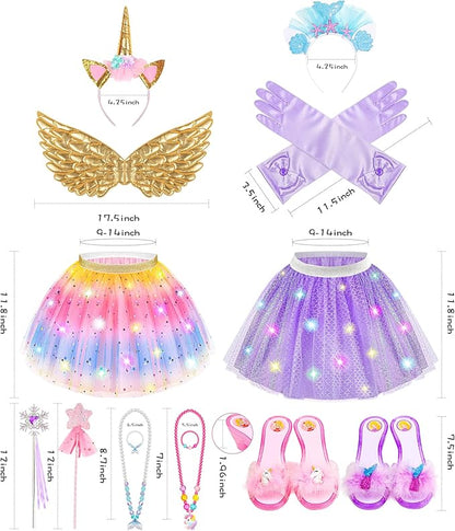 Jeowoqao Girls Dress Up with LED Light, Princess Dress Pretend Play Costumes, Toddler Girls Dress up Set Tutu Skirts, Wings, Princess Shoes Toys Gift for Girls 3 4 5 6 Years