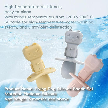 Baby Spoons, 3PCS Silicone Baby Spoons Self Feeding 6+ Months Robot Baby Utensils Baby Led Weaning Spoons with Anti Choke Barrier First Stage Training Toddler Spoons, BPA Free (Yellow)