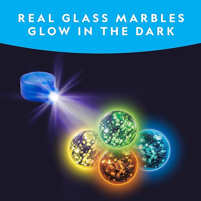 NATIONAL GEOGRAPHIC Glow in The Dark Marbles Refill – 25 Glass Marbles That Glow in The Dark, Includes Storage Pouch & UV Light, Marble Runs for Kids, Building Toys, Science Toys