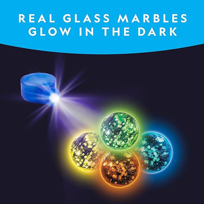 NATIONAL GEOGRAPHIC Glow in The Dark Marbles Refill – 25 Glass Marbles That Glow in The Dark, Includes Storage Pouch & UV Light, Marble Runs for Kids, Building Toys, Science Toys