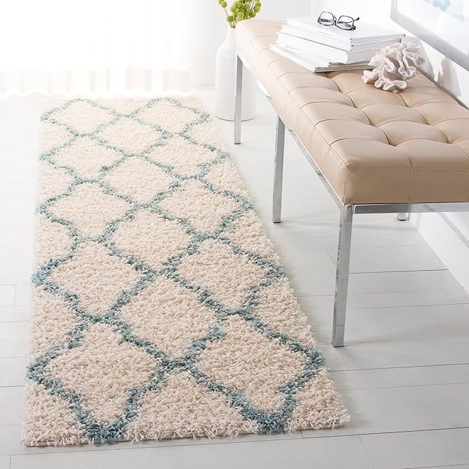 SAFAVIEH Dallas Shag Collection 2'3" x 6' Ivory / Seafoam SGDS257J Trellis Non-Shedding Living Room Bedroom Dining Room Entryway Plush 1.5-inch Thick Runner Rug