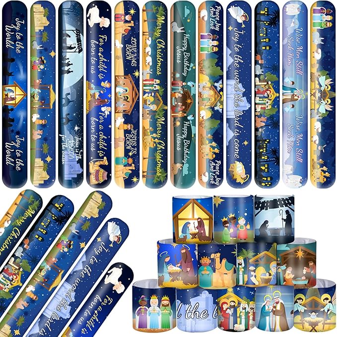 48 PCS Nativity Slap Bracelets, Religious Party Favors Slap Wristbands, Happy Birthday Jesus Slap Bracelets for Christmas Winter Holiday Party Religious Education Supplies