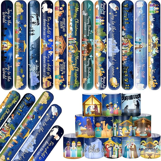 48 PCS Nativity Slap Bracelets, Religious Party Favors Slap Wristbands, Happy Birthday Jesus Slap Bracelets for Christmas Winter Holiday Party Religious Education Supplies