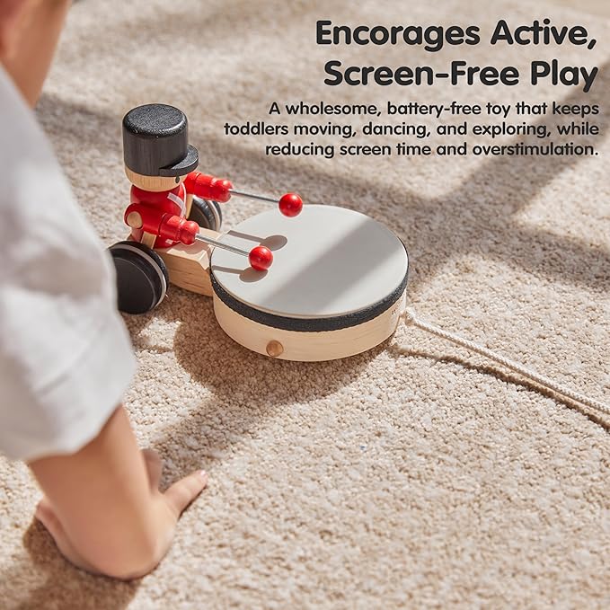 PlanToys® Wooden Pull Along Drummer | Musical Toy that Encourages Rhythm, Coordination & Focus | Montessori Eco-Friendly Educational Toy for Active & Imaginative Play