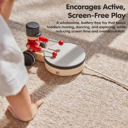 PlanToys® Wooden Pull Along Drummer | Musical Toy that Encourages Rhythm, Coordination & Focus | Montessori Eco-Friendly Educational Toy for Active & Imaginative Play