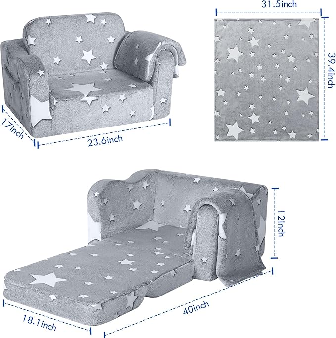 MeMoreCool Convertible Kids Sofa Chair with Blanket, Fold-Out Lounger for Playroom, Toddler Sofa for Girls and Boys (Glowing Star)
