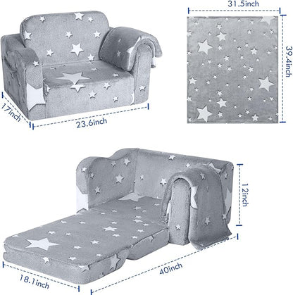 MeMoreCool Convertible Kids Sofa Chair with Blanket, Fold-Out Lounger for Playroom, Toddler Sofa for Girls and Boys (Glowing Star)