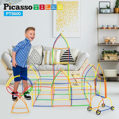 PicassoTiles 600pc Construction Toy Straw Building Set Children STEM Learning Interlocking Building Toys Creative Straw Connecting Builder Kits Early Education Kit for Kids Boys & Girls Ages 3+ PTS600