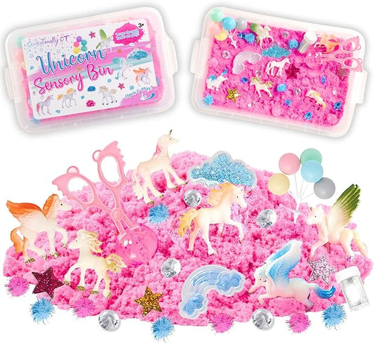 38 PCS Unicorn Sensory Sand Bin-Magic Sand, Sensory Bin for Toddlers & Sand Scooper-Count Sparkly Pom-Poms, Bring Unicorns to Life in a Magical Fairytale-Ideal Gift for Kids