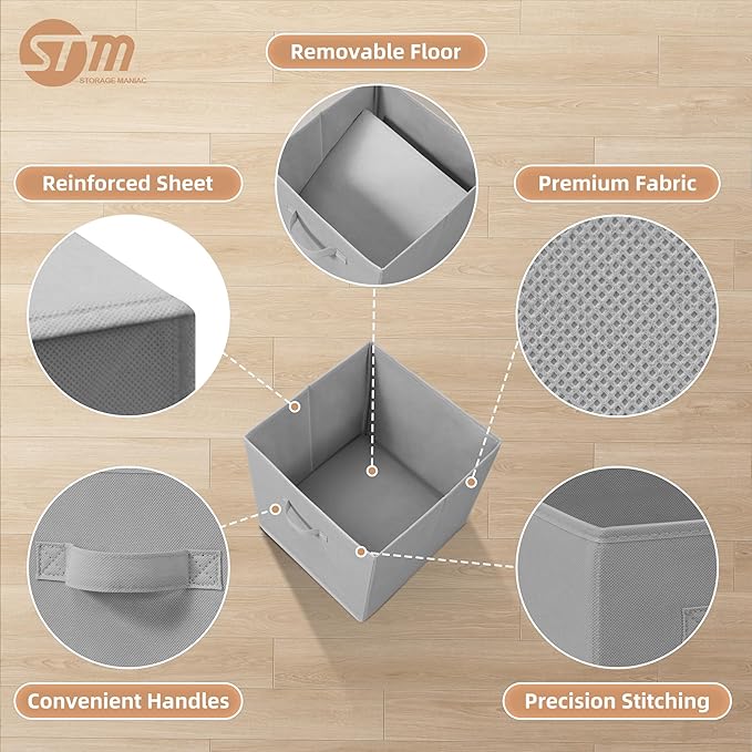 STORAGE MANIAC Storage Cubes, 13 Inch Collapsible Storage Bins with Handles, 4 Pack Fabric Foldable Bins for Organization, Durable Storage Bins for Closet, Shelves, Offices, Toys, 4-Pack Grey