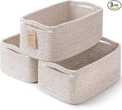 3-Pack Storage Baskets for Organizing | Woven Shelf Toy Basket | Rope Baskets for Gifts Empty | Closet Organizer Bins with Handles | Cube Decorative Box | 13.7×7.1×6.7” | Mixed brown