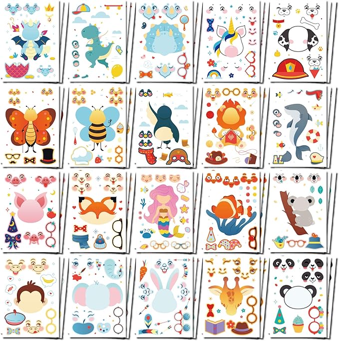 Gooji DIY Make Your Own Stickers for Kids, 60 Sheets Over 1,200 Stickers, 20 Funny Characters and Animals, Customizable Faces with Accessories, Reusable for Party Favors or Arts and Crafts Projects
