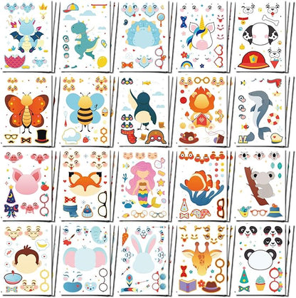 Gooji DIY Make Your Own Stickers for Kids, 60 Sheets Over 1,200 Stickers, 20 Funny Characters and Animals, Customizable Faces with Accessories, Reusable for Party Favors or Arts and Crafts Projects