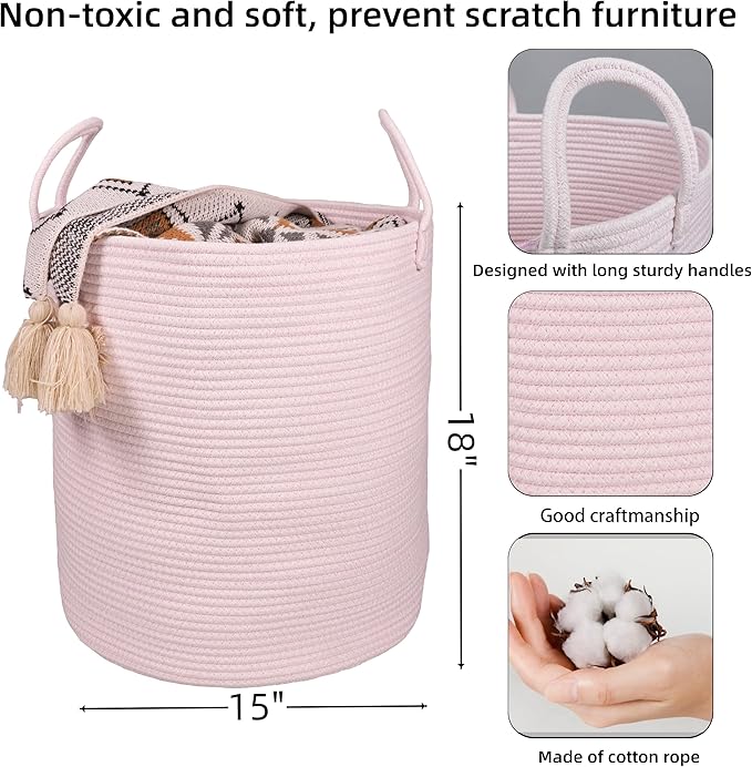 XUANGUO Cotton Rope Laundry Basket Hamper for Girls Kids Baby Nursery Hamper Bin Woven Storage Basket for Living Room Girls room Boho Tall Rope Baskets for Blanket Toys Large light pink
