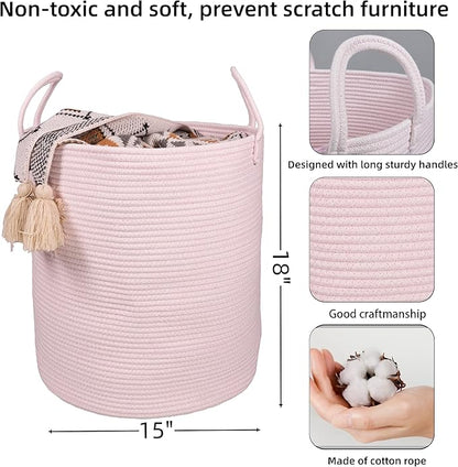 XUANGUO Cotton Rope Laundry Basket Hamper for Girls Kids Baby Nursery Hamper Bin Woven Storage Basket for Living Room Girls room Boho Tall Rope Baskets for Blanket Toys Large light pink
