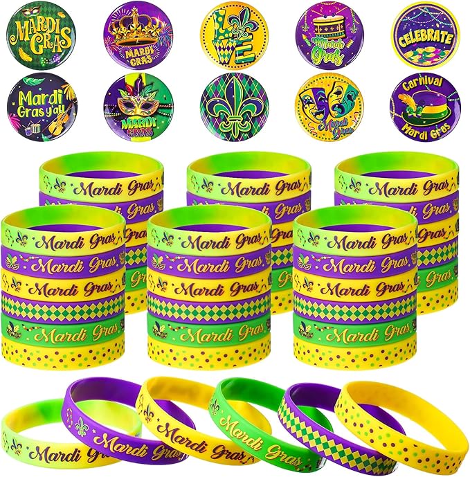 60 Pcs Mardi Gras Party Favors Includes 30 Mardi Gras Rubber Bracelets Silicone Wristbands and 30 Button Pins Badges for Carnival Birthday Party Supplies Decorations Goodie Bag Stuffers Fillers
