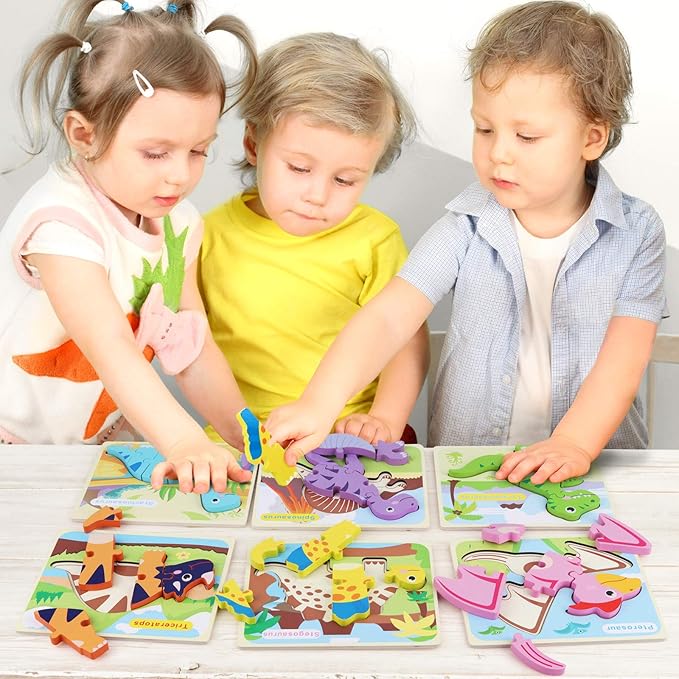 SYNARRY 6 Pack Dinosaur Wooden Puzzles for Kids 3-5, Wooden Puzzles for Toddlers, Dinosaur Puzzles for Toddlers 3 4 5 Year Old, 3D Dinosaur Puzzles Educational Preschool Toys for Boys and Girls