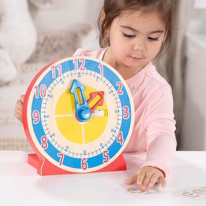 Melissa & Doug Turn & Tell Wooden Clock - Educational Toy With 12+ Reversible Time Cards , Red