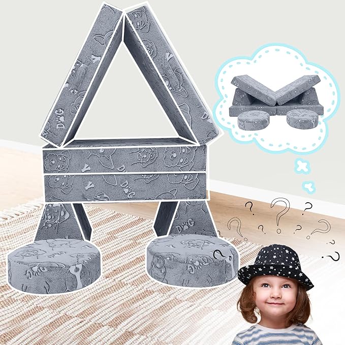 MeMoreCool Glow-in-The-Dark Dog Pattern Kids Play Couch, 8-Piece Modular Fold-Out Toddler Sofa for Playroom Fun