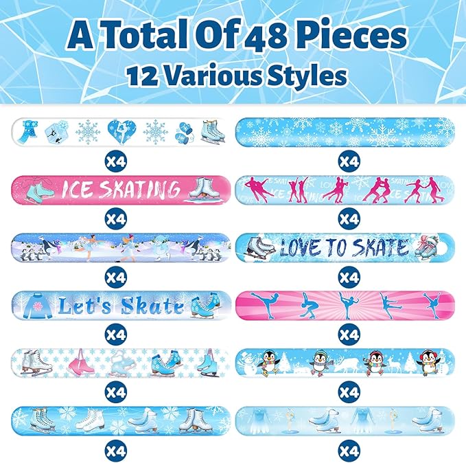 48 PCS Ice Skating Skate Slap Bracelets Party Favors, Ice Skating Wristbands Bracelets Goodie Bag Fillers for Winter Ice Skating Birthday Party Decorations Supplies for Kids Boys Girls