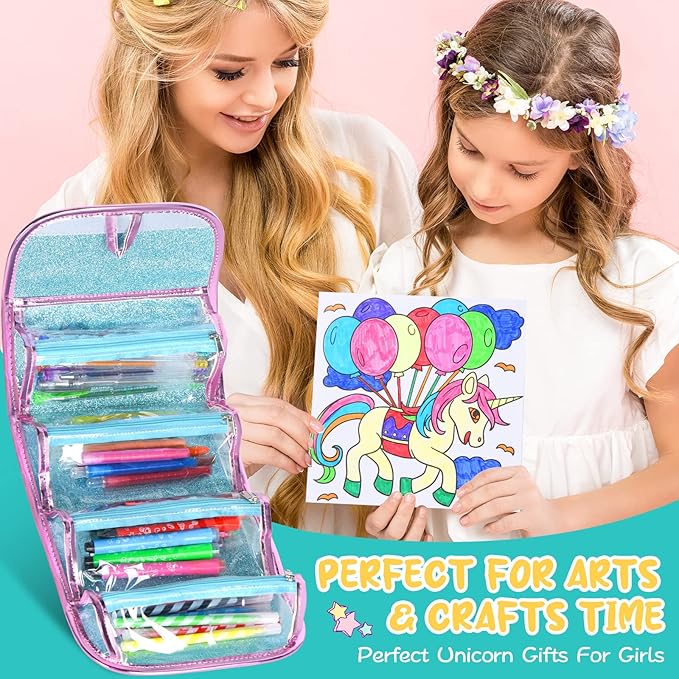Washable Markers Set with Glitter Unicorn Pencil Case, Art Supplies for Kids Ages 4 5 6 7 8 Years Old, Arts Crafts Coloring Set with Crayon Pencil Gel Pen, Unicorn Toy Birthday Gift for Girls 4-6-8-10