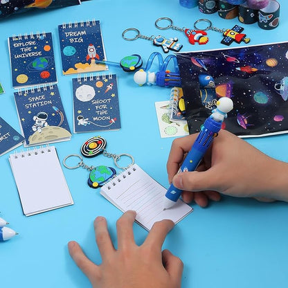 LiYiQ 87 Pcs Space Party Favors with Space Spiral Notebooks 10 in 1 Pen Reusable Straws Slap Bracelets Keychains Space Temporary Tattoo Stickers and Gift Bags for Kids Space Birthday Party Supplies