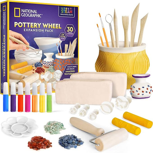 National Geographic Pottery Wheel Refill Kit – 2 lbs. Air Dry Clay, 30 Pottery Tools & Accessories, Gemstone Chips, Sculpting Clay Tools, 7 Paints & More, Great Craft Kit for Kids