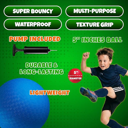 5 Inch Red & Blue Playground Dodgeballs - (2-Pack) - Small Playground Balls for Kids, Teens & Adults - Indoor & Outdoor Gym Sports Balls for Dodgeball, Four Square, PE, Recess Games w/Hand Pump