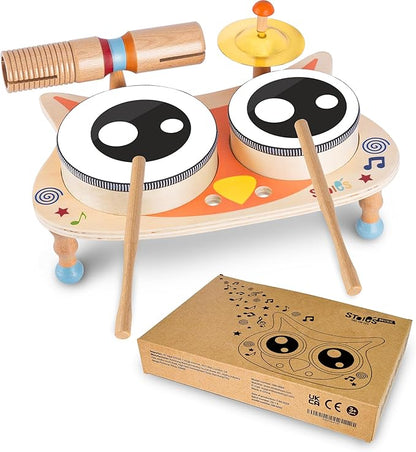 Stoie's Owl Drum Set for Toddlers 3-5 - Wooden Percussion Musical Instruments for Kids with Cymbals, Wooden Spunder, Tambourines, Drumsticks