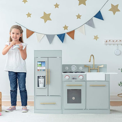 Teamson Kids Little Chef Charlotte Modern Modular Interactive Wooden Play Kitchen with Refrigerator, Stove and Sink in Gray with Gold Accents