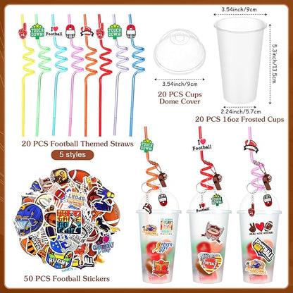 Aoriher 238 Pcs Football Sport Party Favors Set Football Birthday Gift Football Cup Fillers with Straw Football Whistle Stamper Slap Bracelet Keychain Ring Tattoo Sticker for Sport Party Supplies