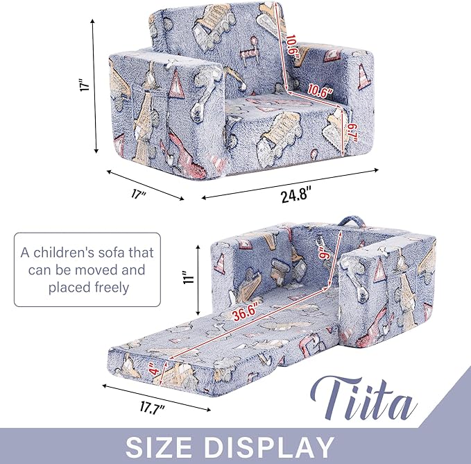 Tiita Kids Chair Couch, Folding Toddler Comfy Sofa Chairs, 2-in-1 Kids Plush Sofa Fold Out, Baby Armrest Chair Sofa to Lounger, Convertible Play Sofas to Bed for Girl or Boy, Vehicles