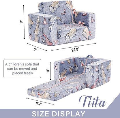 Tiita Kids Chair Couch, Folding Toddler Comfy Sofa Chairs, 2-in-1 Kids Plush Sofa Fold Out, Baby Armrest Chair Sofa to Lounger, Convertible Play Sofas to Bed for Girl or Boy, Vehicles