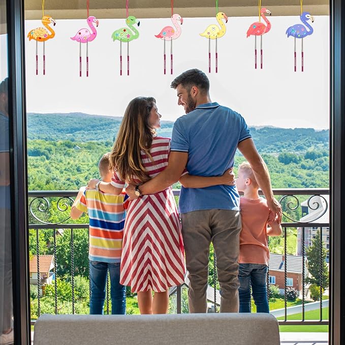 Fennoral 12 Pack Wind Chime Kit for Kids Make Your Own Flamingos Wind Chime Wooden Arts and Crafts for Girls Boys Ornaments DIY Coloring Flamingos Craft for Hawaii Summer Art Activity Birthday Party