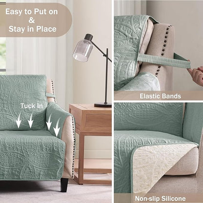 Green Quilted Recliner Covers, Water-Repellent Recliner Slipcovers, Recliner Covers Stay in Place, Pet Friendly Recliner Cover for Dogs, Washable Chair Protector (Recliner 22", Sage Green)