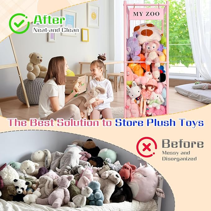 GLDZI Stuffed Animal Storage Zoo, Wooden Stuffed Animal Organizer with Elastic Cords for Boys Girls, Space Saving Toy Plushies Storage Holder for Playroom, Bedroom, Living Room (Pink, Large)