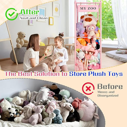GLDZI Stuffed Animal Storage Zoo, Wooden Stuffed Animal Organizer with Elastic Cords for Boys Girls, Space Saving Toy Plushies Storage Holder for Playroom, Bedroom, Living Room (Pink, Large)